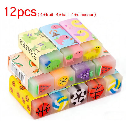12pcs/set Cute Pencil Eraser Animal Dinosaur Ball Funny Fruit Eraser Desk Pet Eraser School Supplies Prizes Gifts Party Gifts