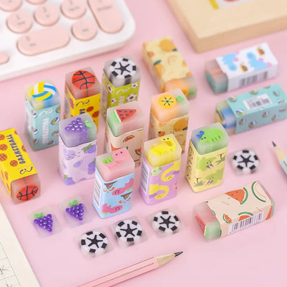 12pcs/set Cute Pencil Eraser Animal Dinosaur Ball Funny Fruit Eraser Desk Pet Eraser School Supplies Prizes Gifts Party Gifts